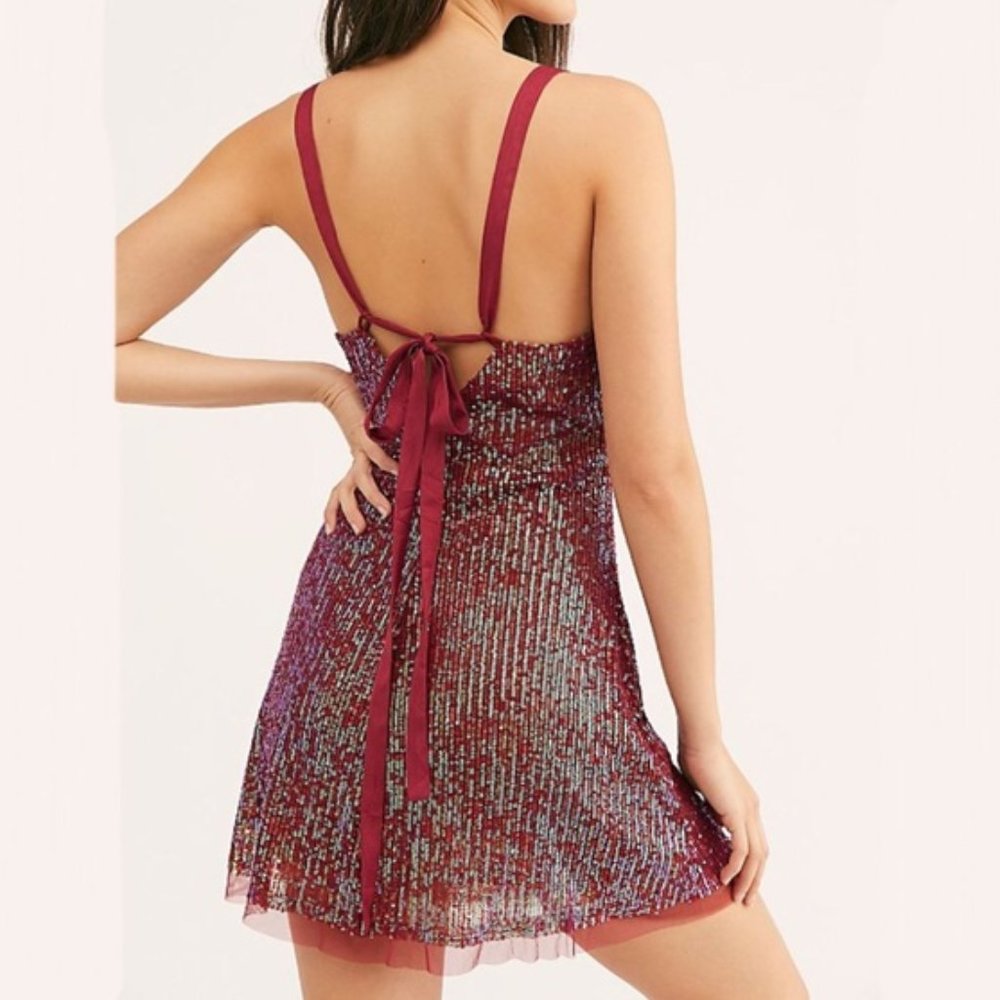 Free People Sequined Gold Rush Mini Dress in Wine Combo - Picture 2 of 5
